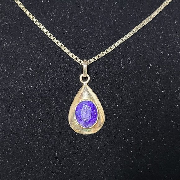 Vintage Sterling Silver Blue Sapphire Necklace Tear Drop Box Chain .925 Patina - Picture 2 of 3